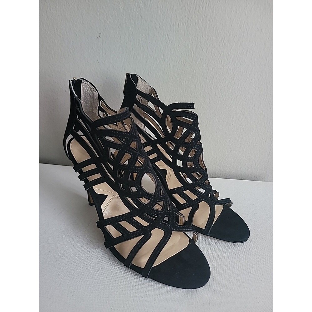 Adrianne Vittadini Gala Black Suede Cage Heel Sandals Sz 9 Sexy Event Party Glam